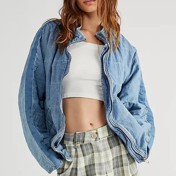 Free People Light Blue Quilted Bomber Jacket - Picture 1 of 10